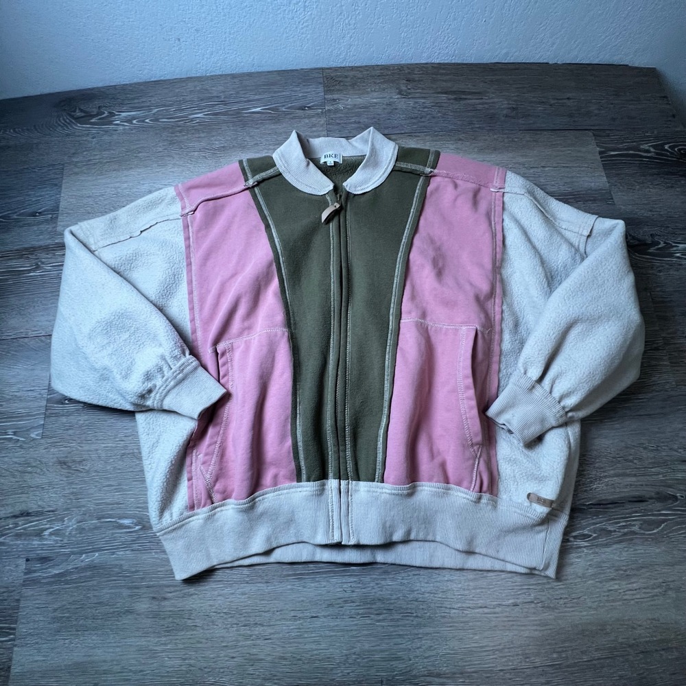BKE Colorblock Fleece Bomber Jacket Women Small Pink Green Cream Full Zip Retro
